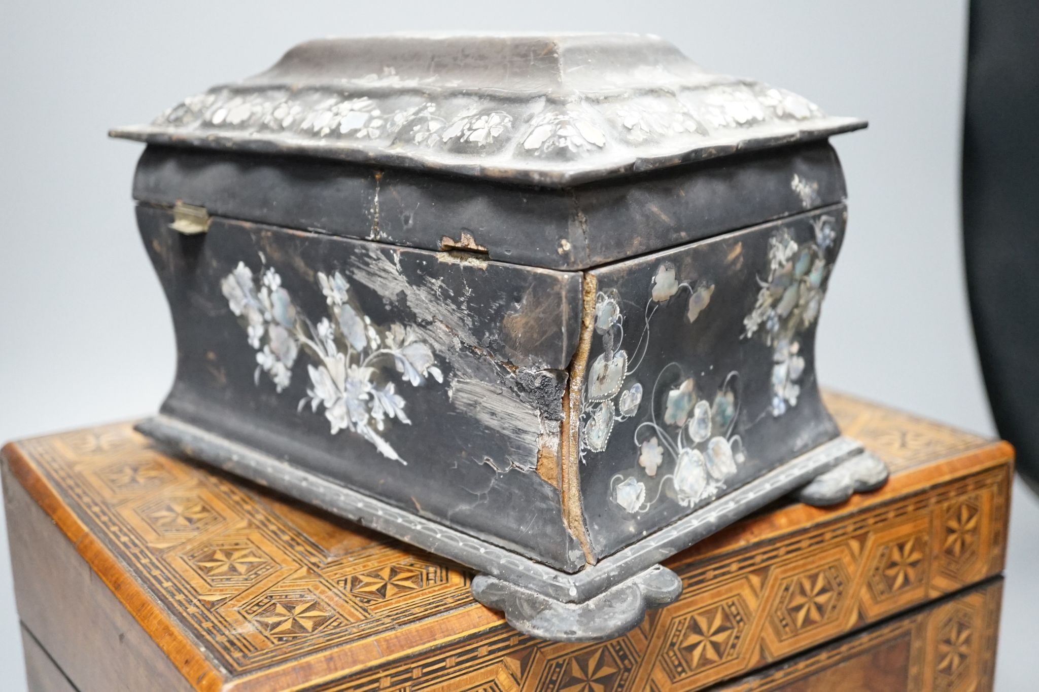 A Victorian inlaid walnut box and a Victorian black lacquer tea caddy, 30cm